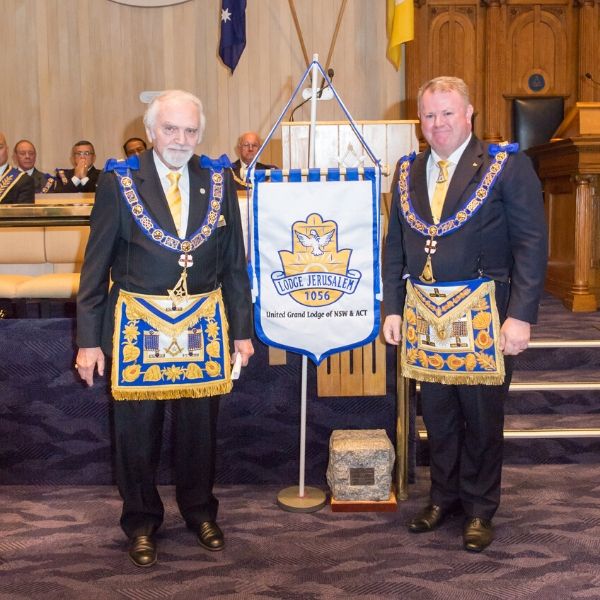 Joseph V Haffner with Jamie Melville and the Jerusalem banner
