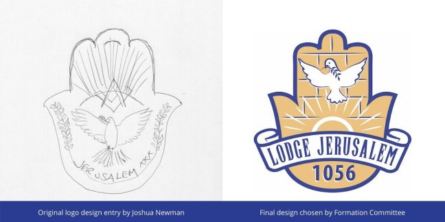 The original sketch of the emblem side by side with the final version